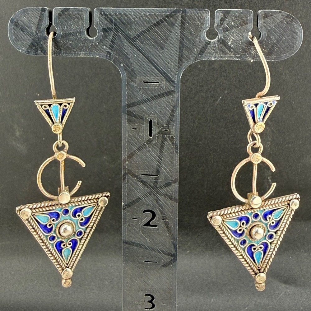Vintage Estate Dangle Earrings Blue Cloisonne Enamel Triangle Silver Tone 2.5in